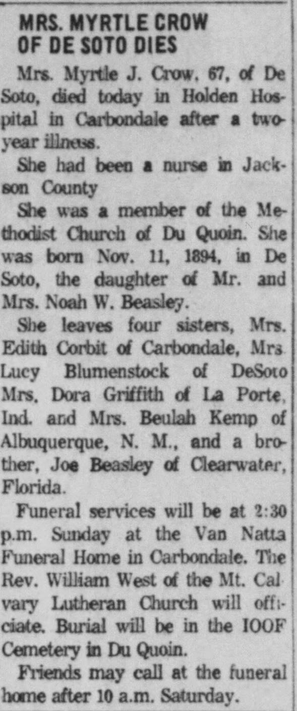 Obituary for Myrtle J. CROW (Aged 67)